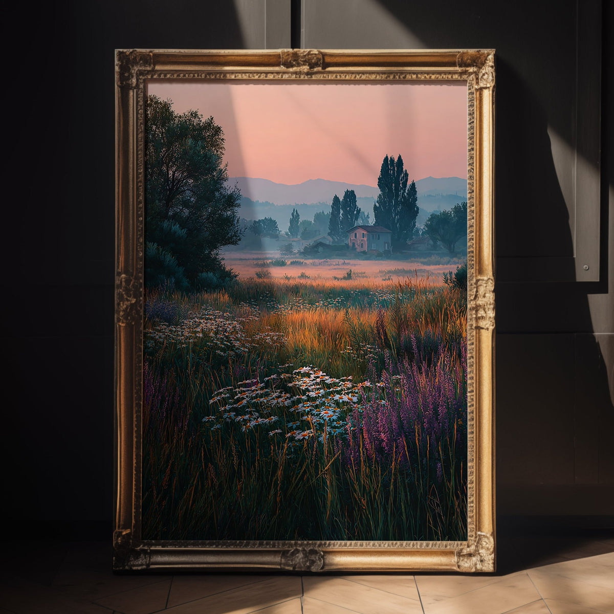 Framed landscape painting of a field with trees and mountains, illuminated by a warm light.

