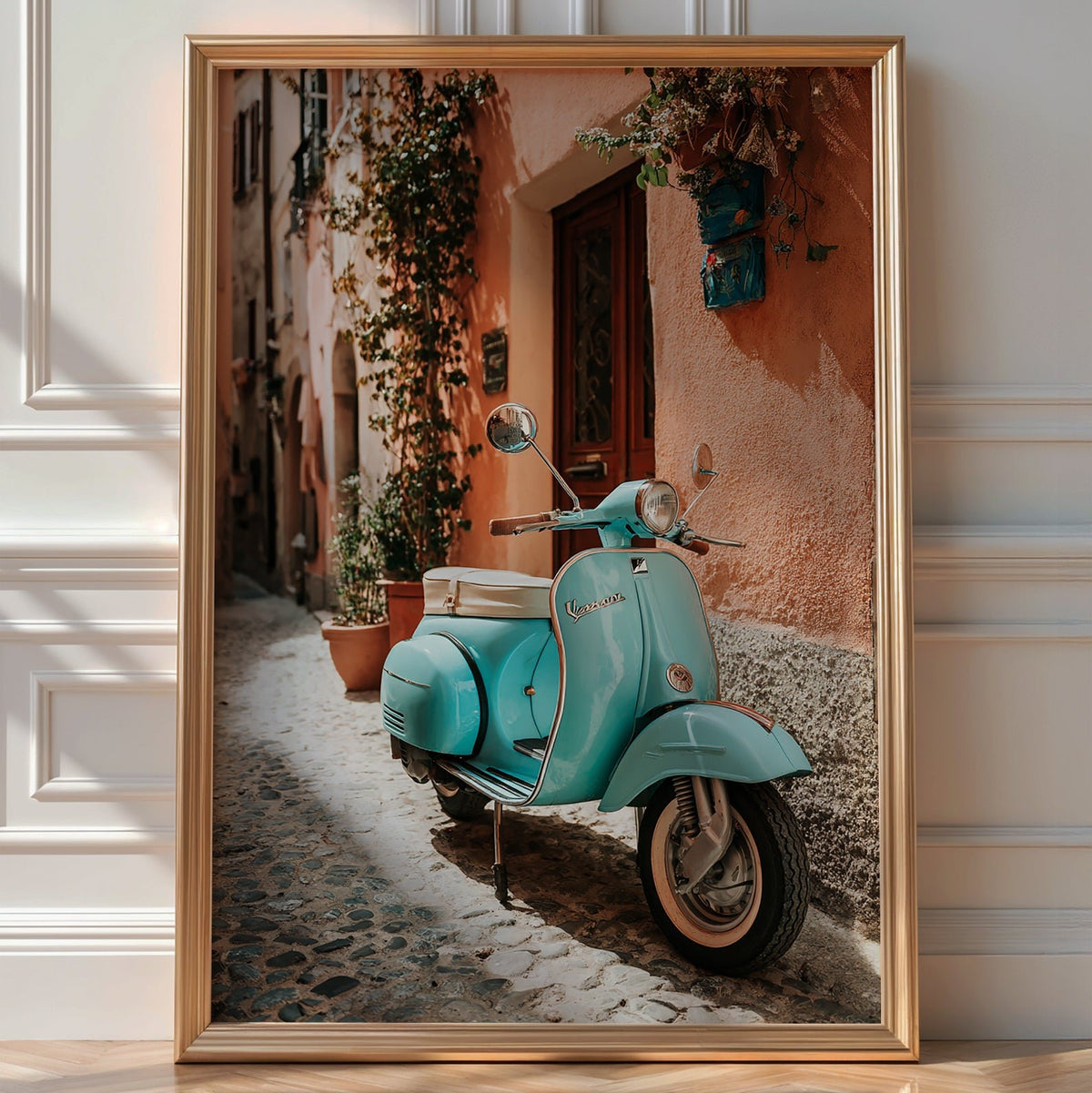 Turquoise Vespa Alley Poster – Vintage Italy Travel Art Print - Just Great Posters
