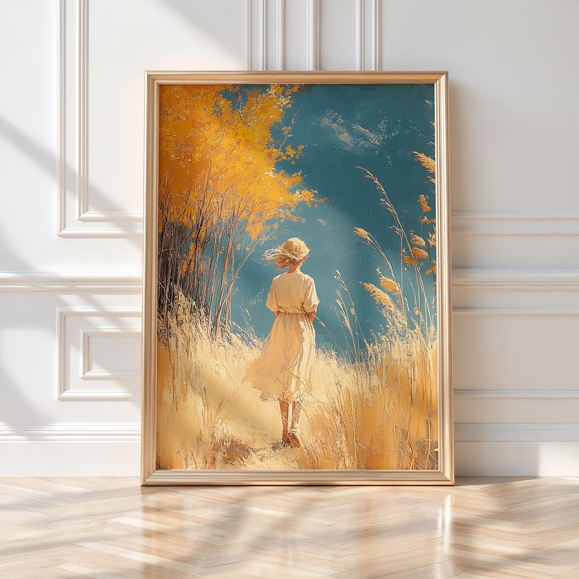 Golden Hour Fields – Girl Wandering Through Field Art Print - Just Great Posters