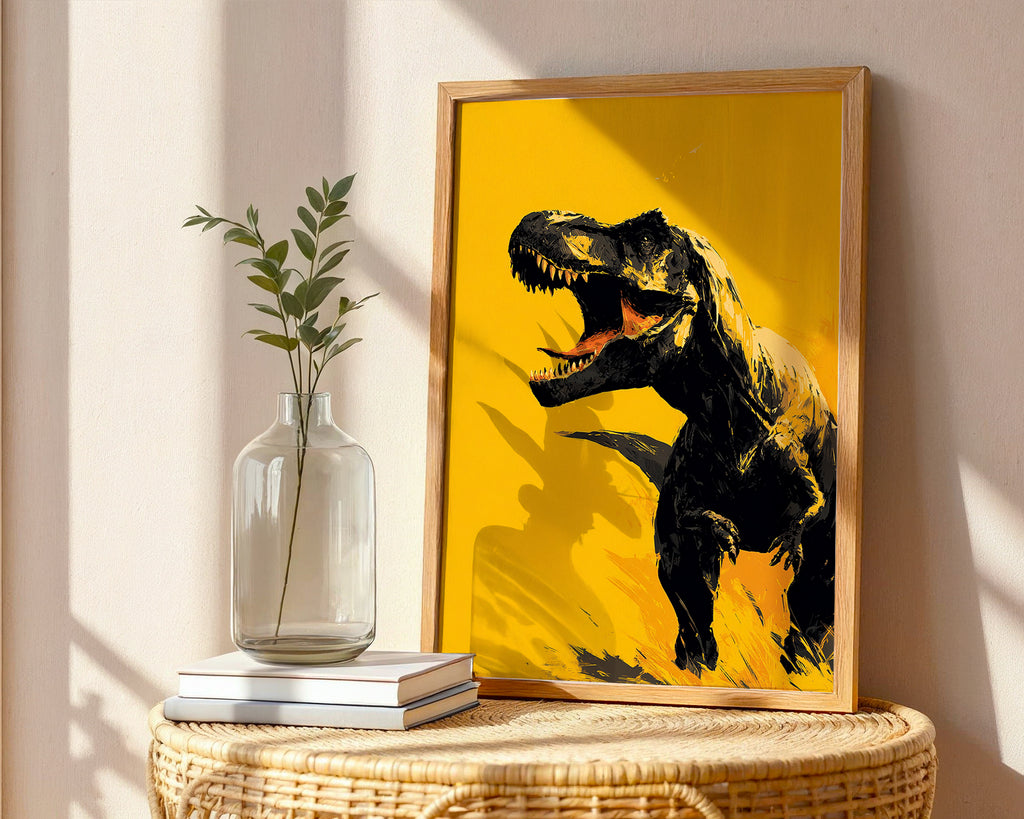 Roaring T - Rex Dinosaur Poster – Bold Yellow Art - Just Great Posters
