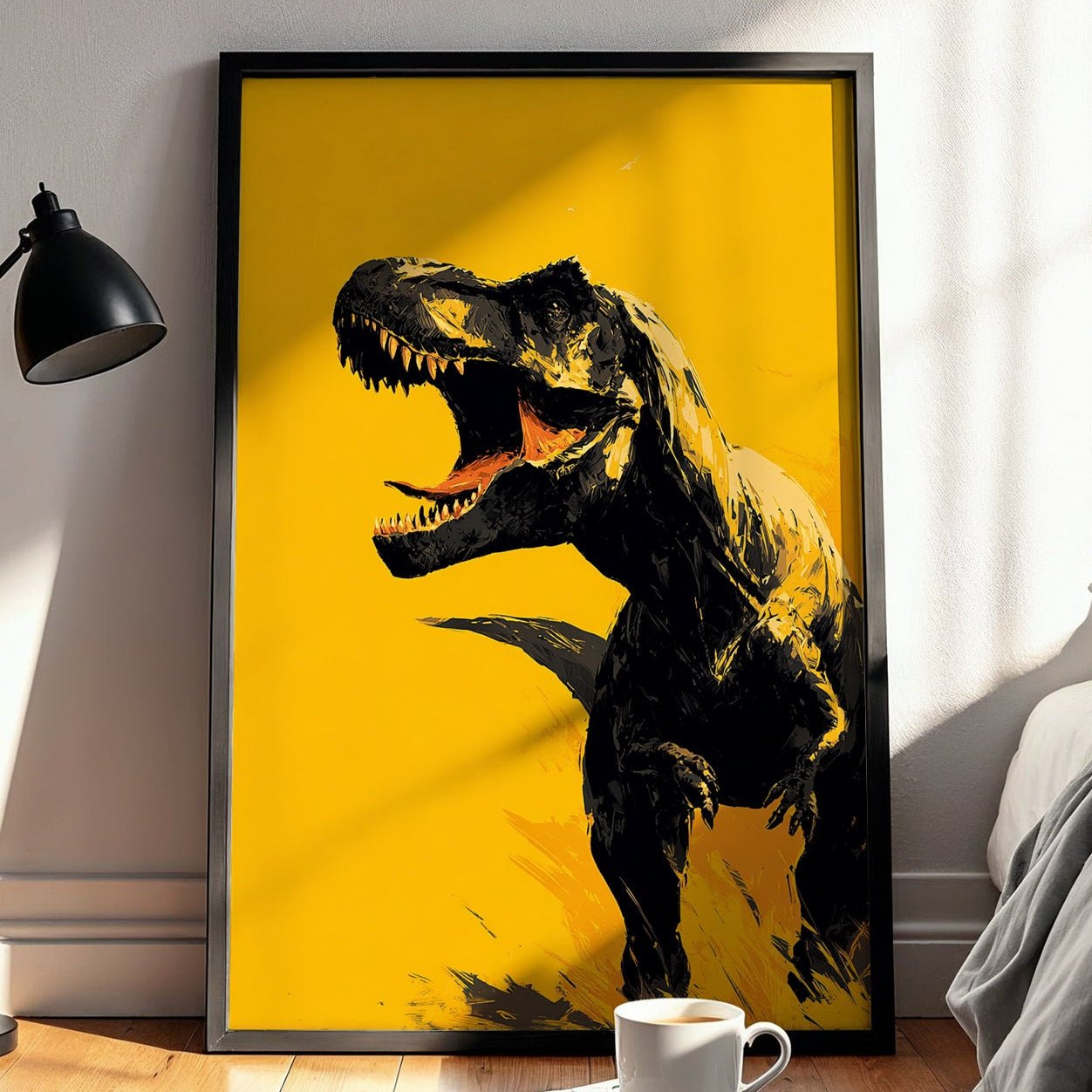 Framed artwork of a dinosaur on a yellow background in a bedroom setting.