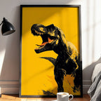 Framed artwork of a dinosaur on a yellow background in a bedroom setting.
