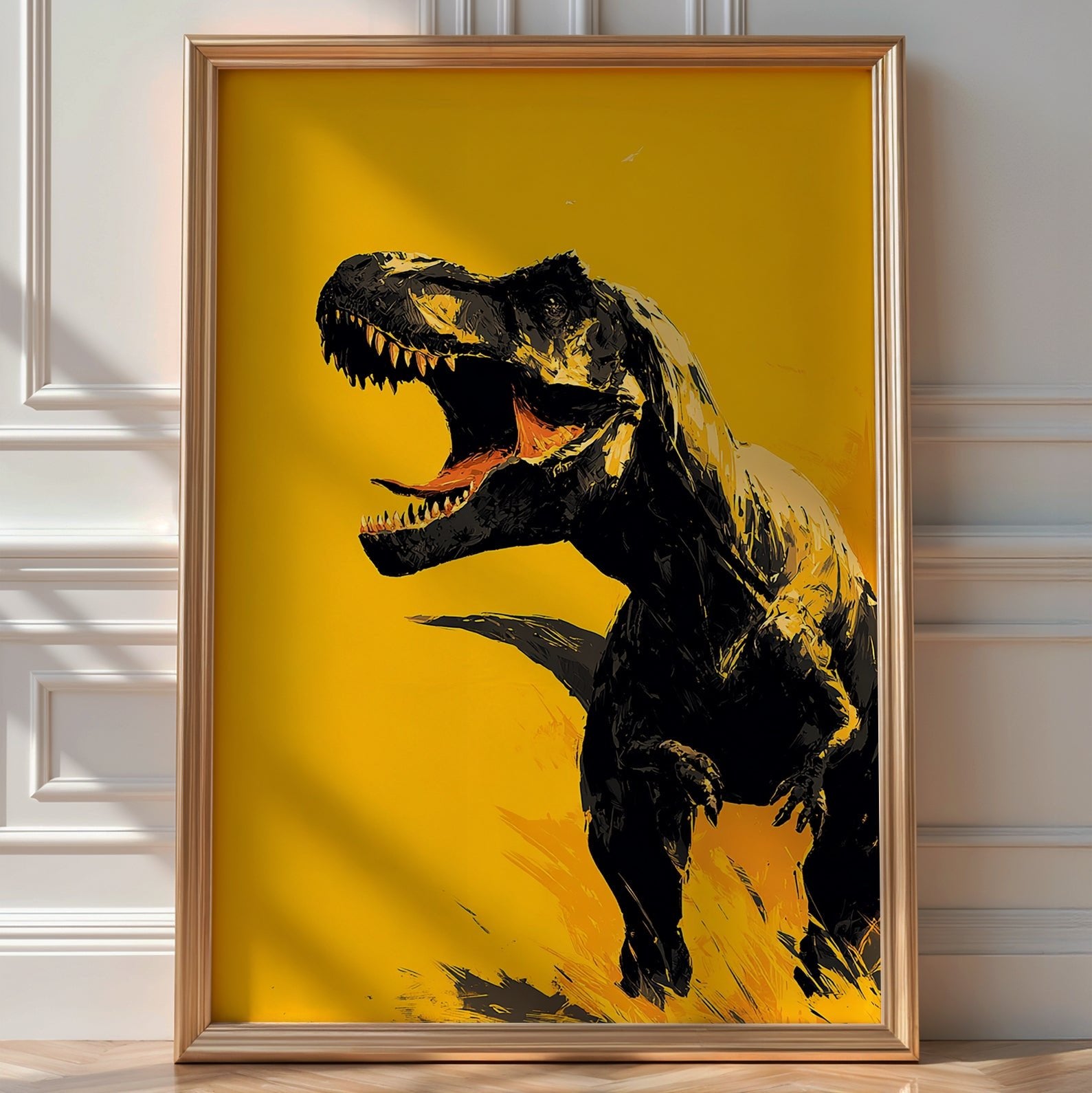 Roaring T - Rex Dinosaur Poster – Bold Yellow Art - Just Great Posters