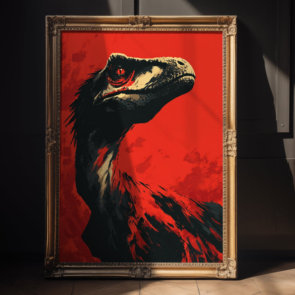 Framed artwork of a dinosaur head on a red background, leaning against a dark wall.