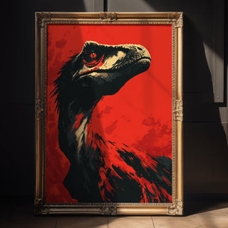 Framed artwork of a dinosaur head on a red background, leaning against a dark wall.