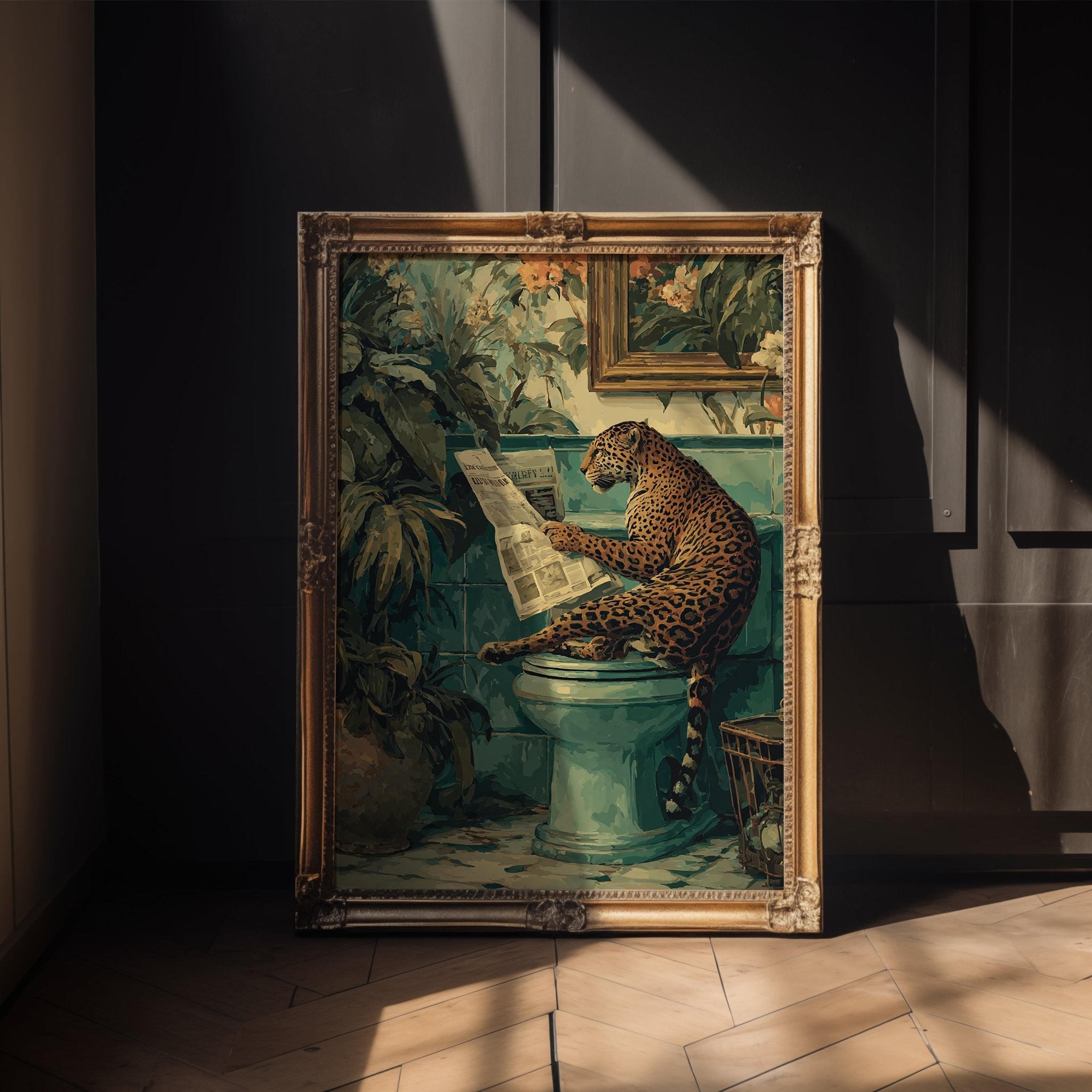 Close-up view of the leopard bathroom print