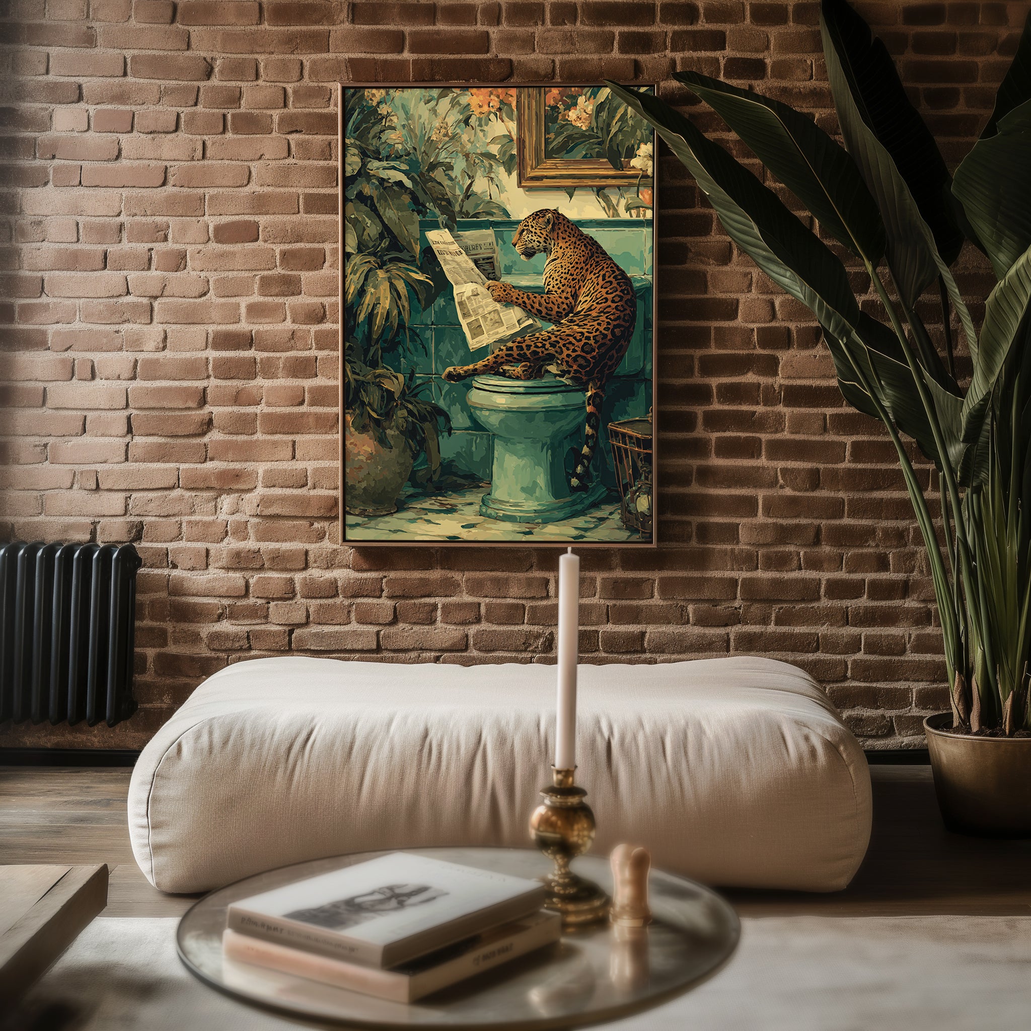 Leopard bathroom print displayed in a styled room setting