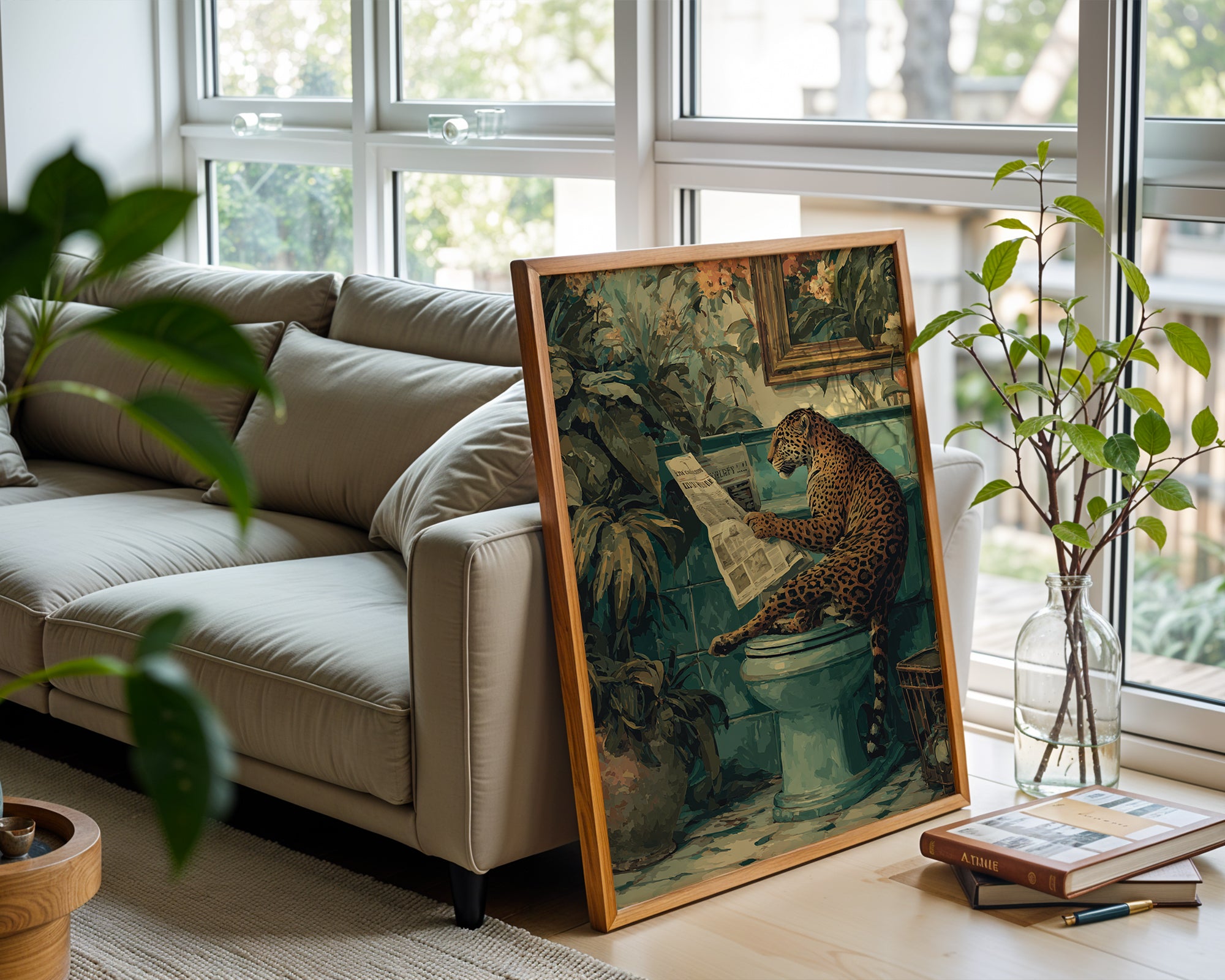 Leopard bathroom print displayed in a cosy interior setting