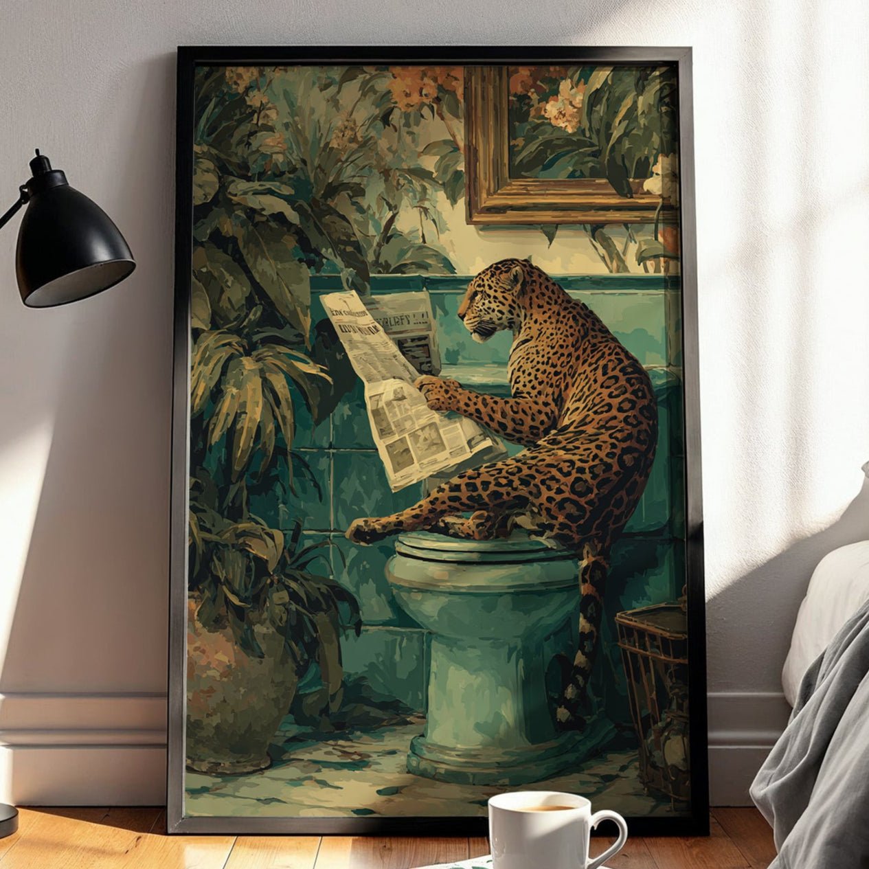 Leopard bathroom print shown in an alternative frame style