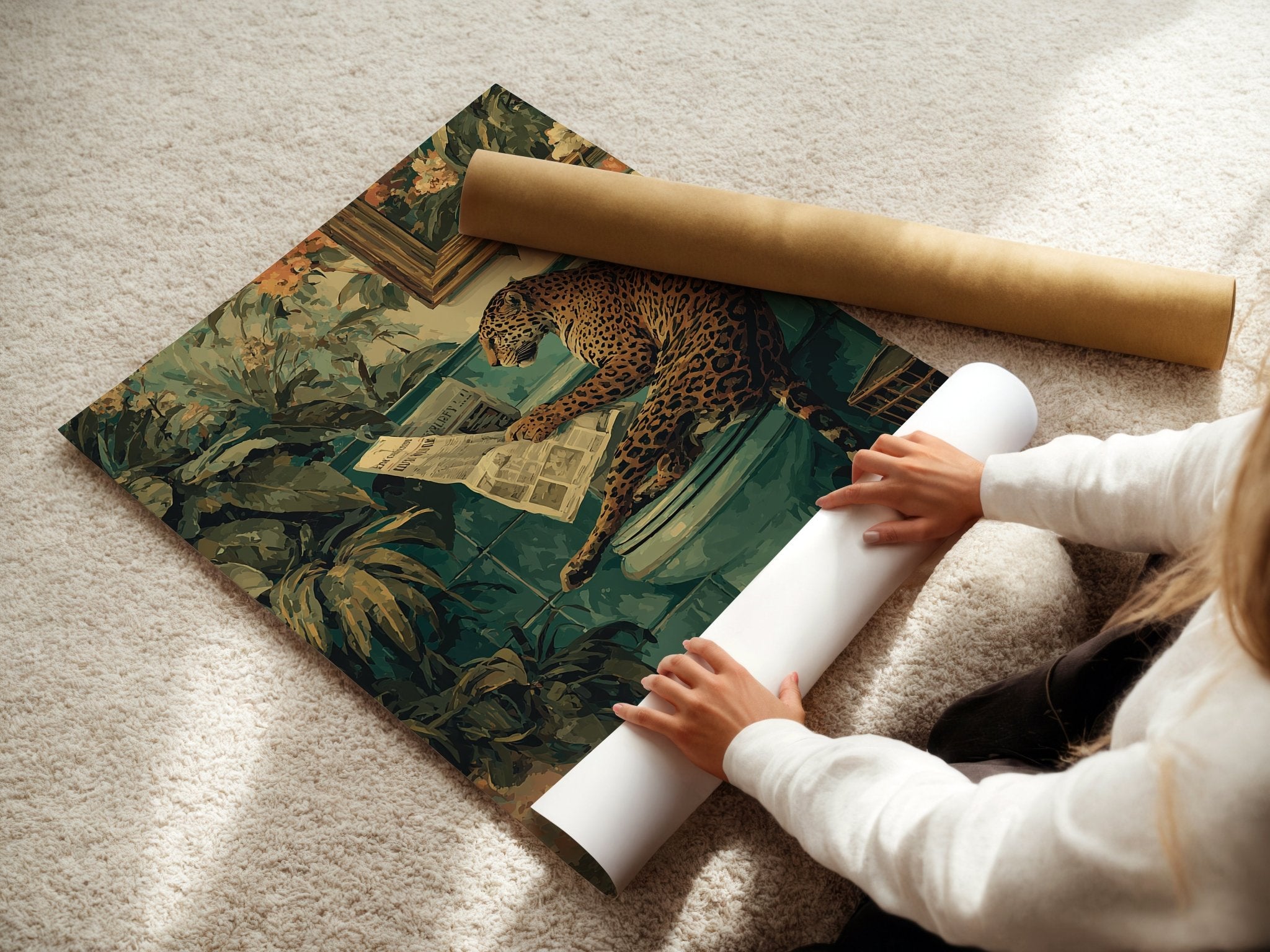 Leopard bathroom print mockup shown on a gallery wall
