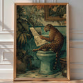 Illustrated leopard reading a newspaper on a green toilet, framed funny bathroom wall art
