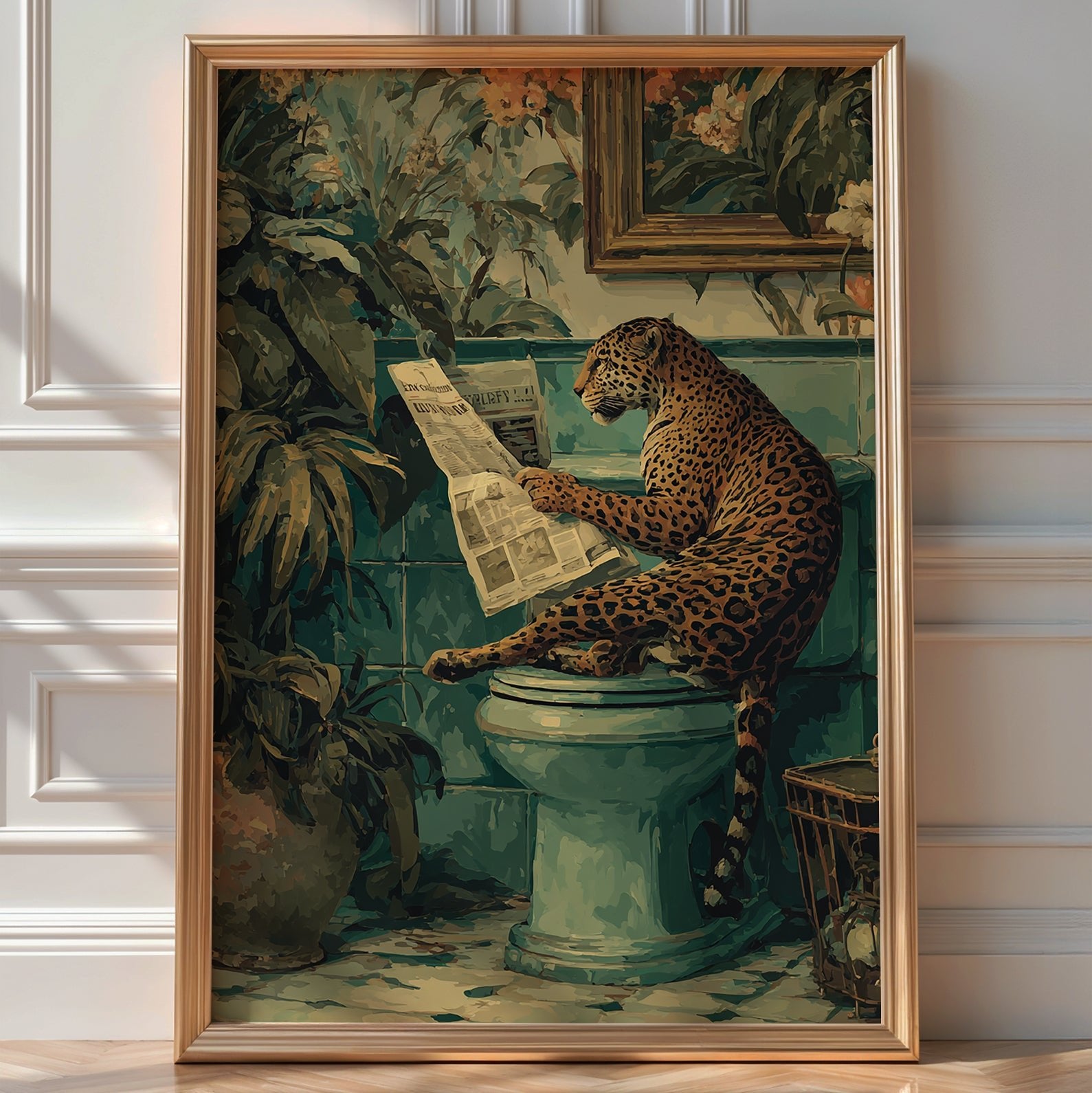 Illustrated leopard reading a newspaper on a green toilet, framed funny bathroom wall art