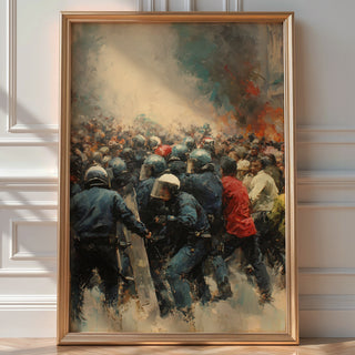 Protest & Riot Chaos Art Print – Dramatic Crowd & Police Clash - Just Great Posters