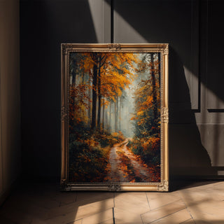 Foggy Autumn Forest Print – Moody Nature Path Wall Art for Cozy Interiors - Just Great Posters