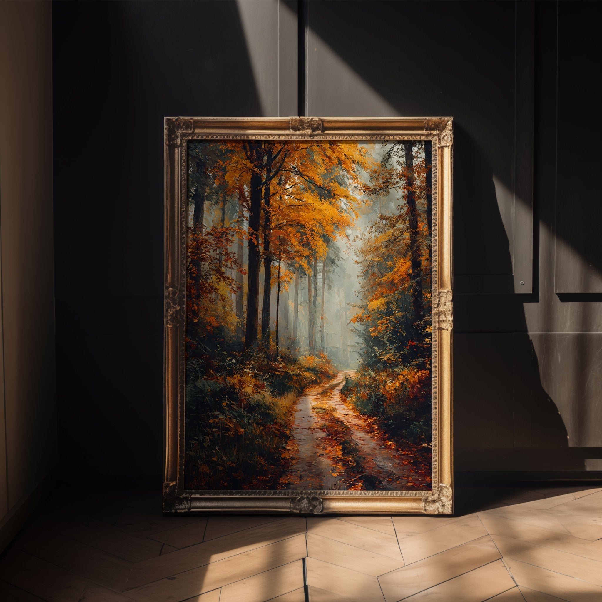 Foggy Autumn Forest Print – Moody Nature Path Wall Art for Cozy Interiors - Just Great Posters