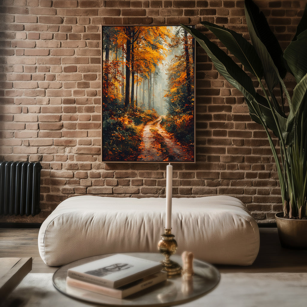Foggy Autumn Forest Print – Moody Nature Path Wall Art for Cozy Interiors - Just Great Posters