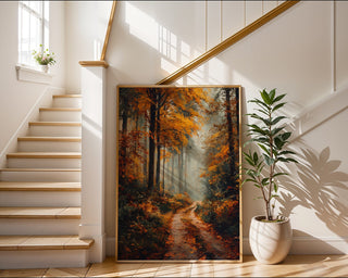 Foggy Autumn Forest Print – Moody Nature Path Wall Art for Cozy Interiors - Just Great Posters