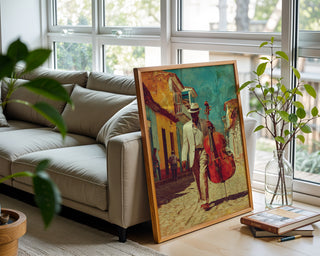 Cuban Jazz Street Poster – Vintage Music Art Print with Double Bass - Just Great Posters