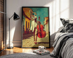 Cuban Jazz Street Poster – Vintage Music Art Print with Double Bass - Just Great Posters