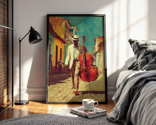 Cuban Jazz Street Poster – Vintage Music Art Print with Double Bass - Just Great Posters