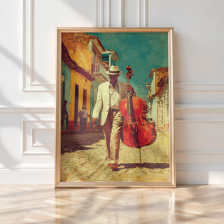 Cuban Jazz Street Poster – Vintage Music Art Print with Double Bass - Just Great Posters