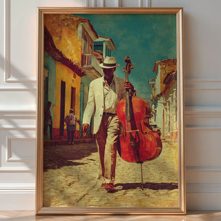 Cuban Jazz Street Poster – Vintage Music Art Print with Double Bass - Just Great Posters