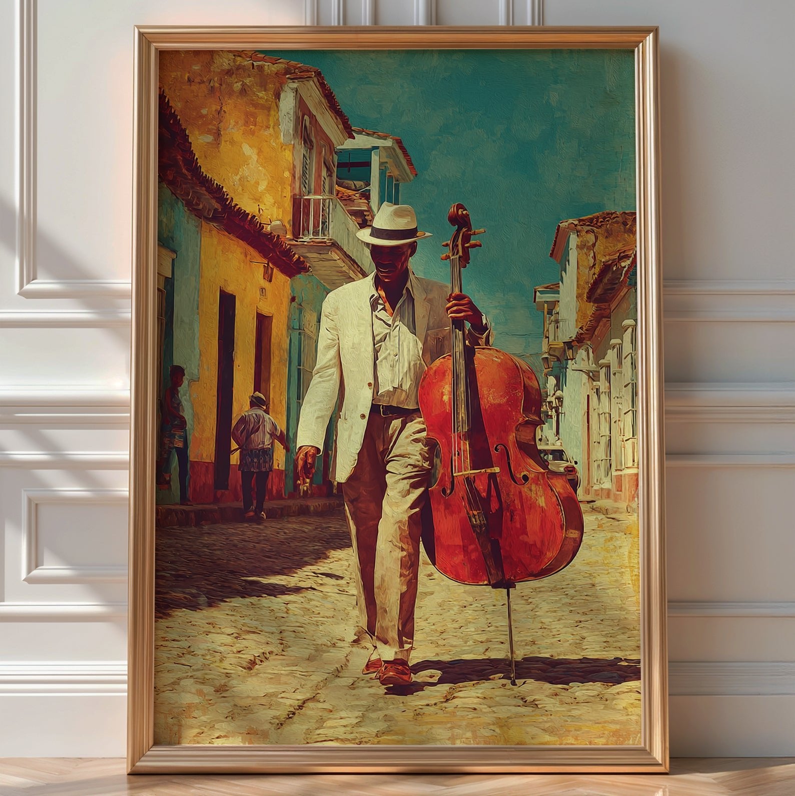 Cuban Jazz Street Poster – Vintage Music Art Print with Double Bass - Just Great Posters