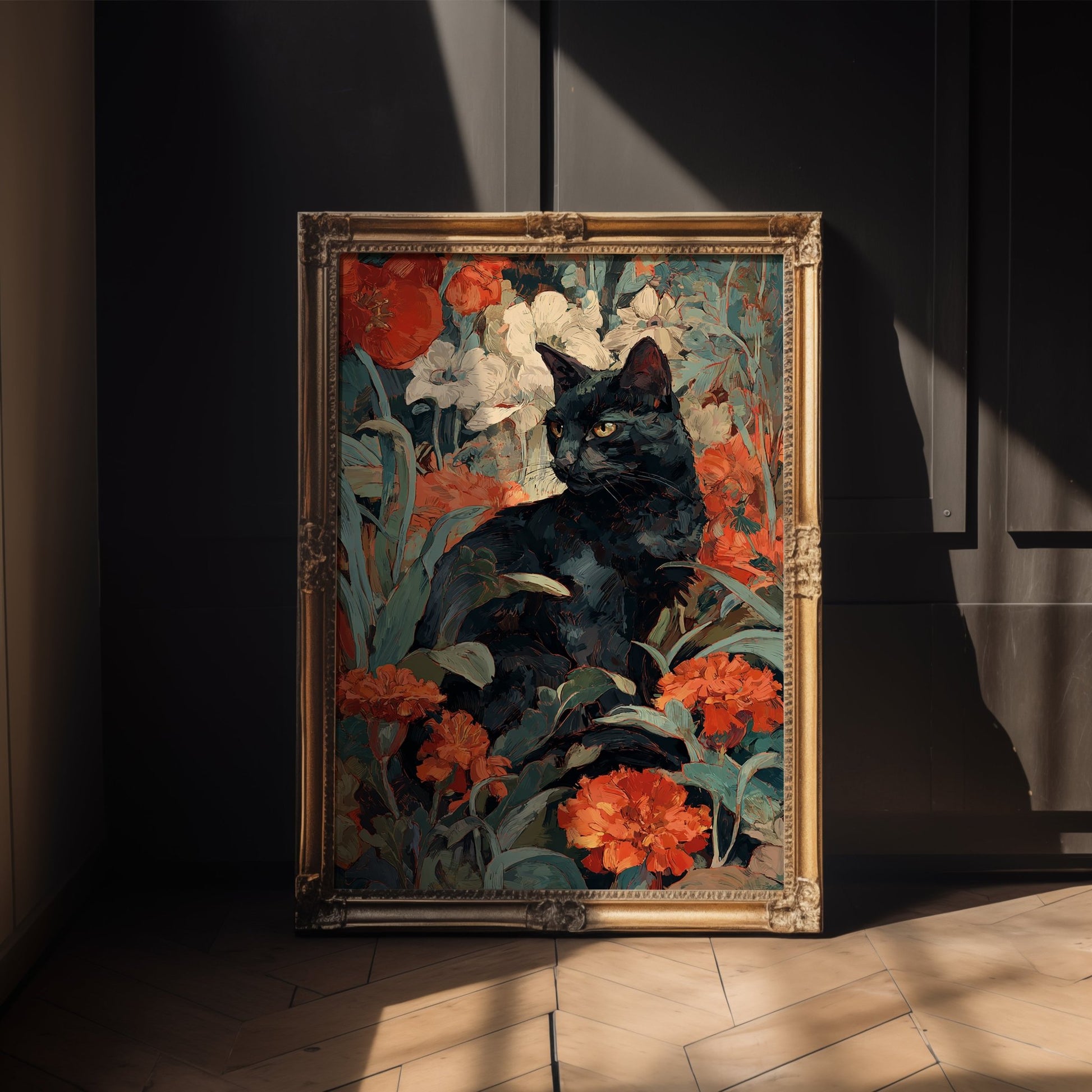 Black Cat in Bloom – Botanical Gothic Art Print - Just Great Posters