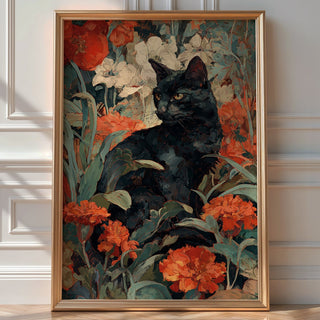 Black Cat in Bloom – Botanical Gothic Art Print - Just Great Posters