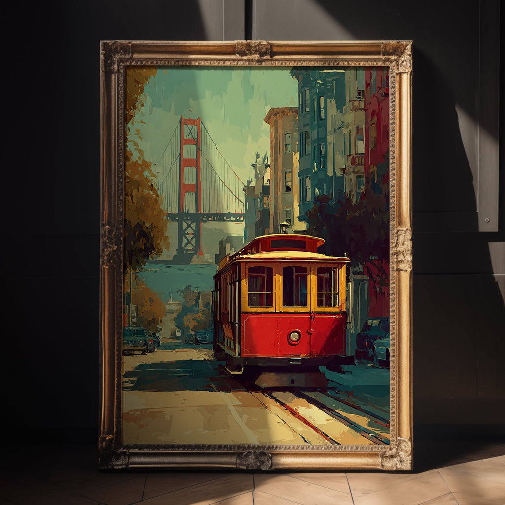 Framed artwork of a red cable car and Golden Gate Bridge.
