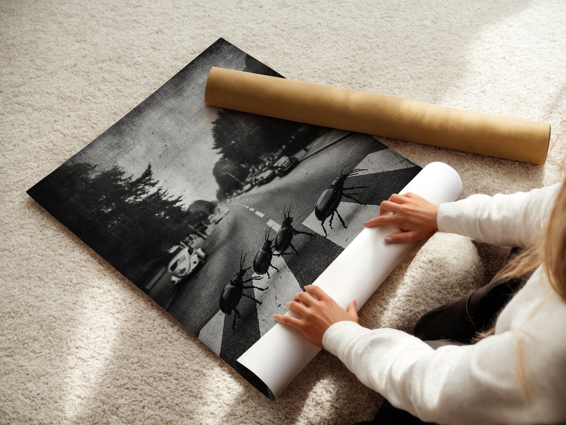 Beatles Beetle Crossing – Surreal Abbey Road Insect Art Print - Just Great Posters