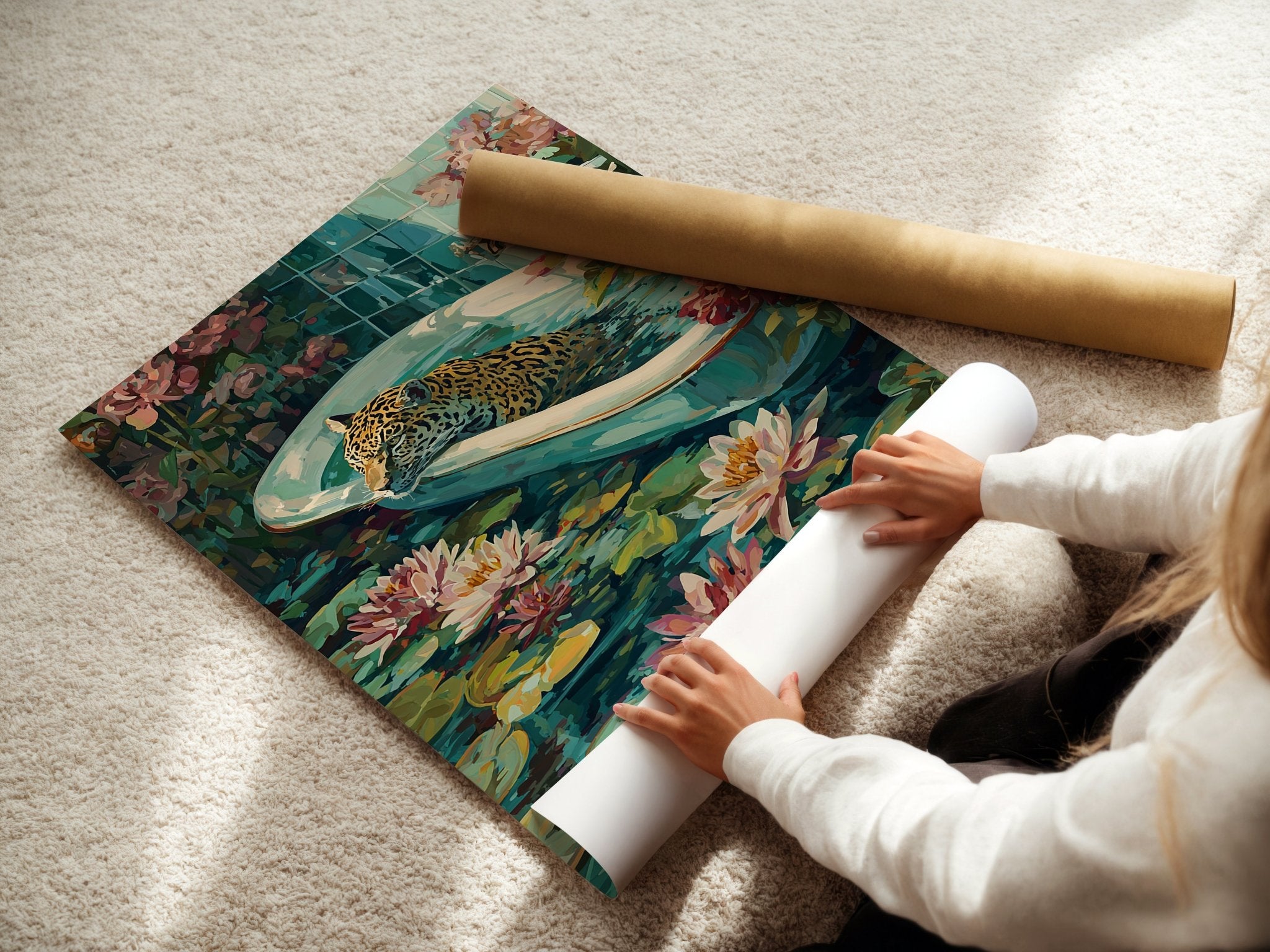 Flora & Feline – Surreal Jungle Bathtub Art Print - Just Great Posters