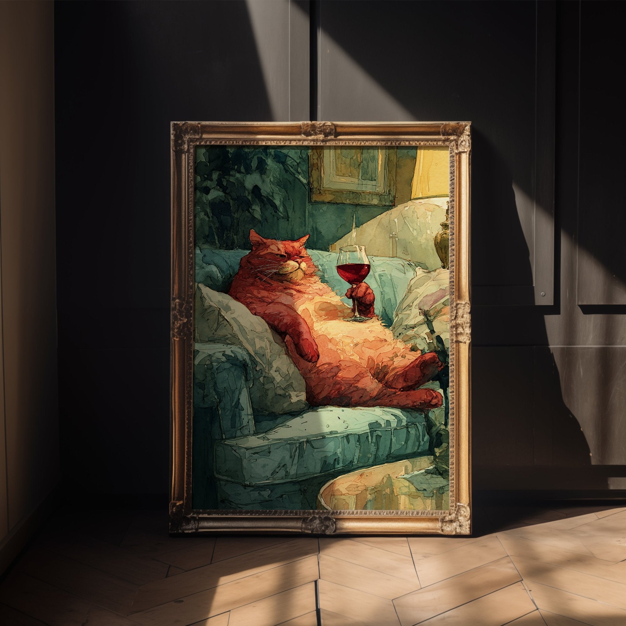 Wine Cat Art Print – Lazy Luxury Watercolor Animal Wall Art - Just Great Posters