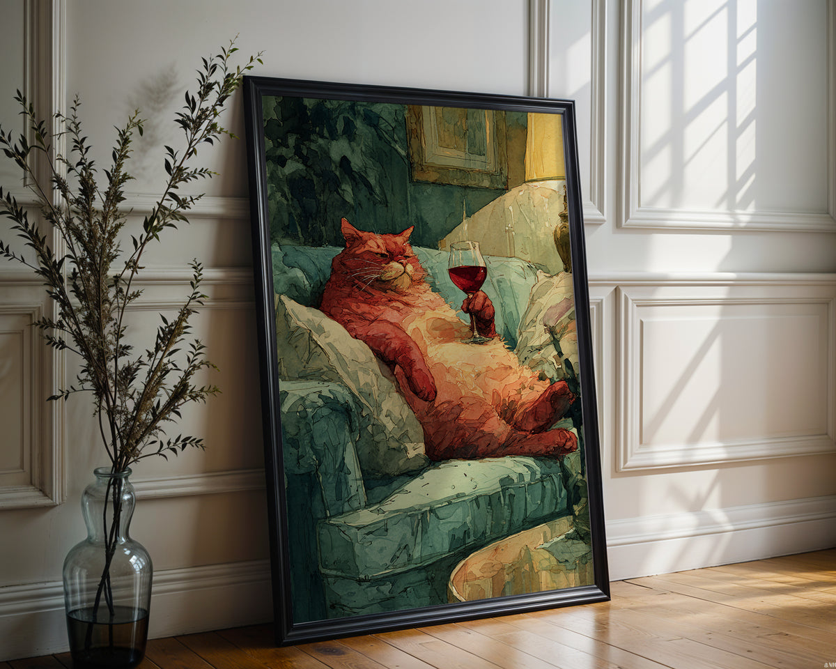 Wine Cat Art Print – Lazy Luxury Watercolor Animal Wall Art - Just Great Posters