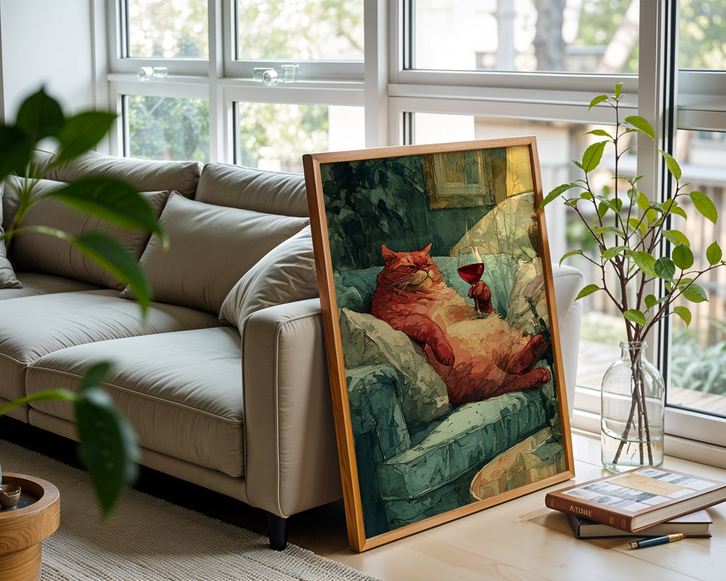 Wine Cat Art Print – Lazy Luxury Watercolor Animal Wall Art - Just Great Posters