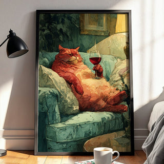 Wine Cat Art Print – Lazy Luxury Watercolor Animal Wall Art - Just Great Posters