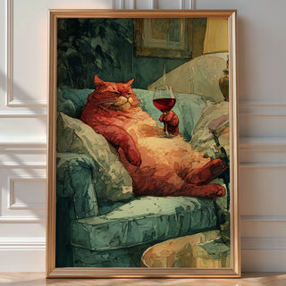 Wine Cat Art Print – Lazy Luxury Watercolor Animal Wall Art - Just Great Posters