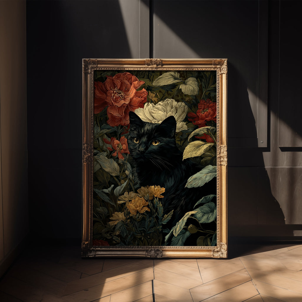 William Morris–Style Black Cat Among Florals - Just Great Posters