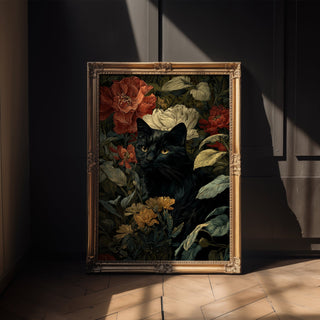 William Morris–Style Black Cat Among Florals - Just Great Posters