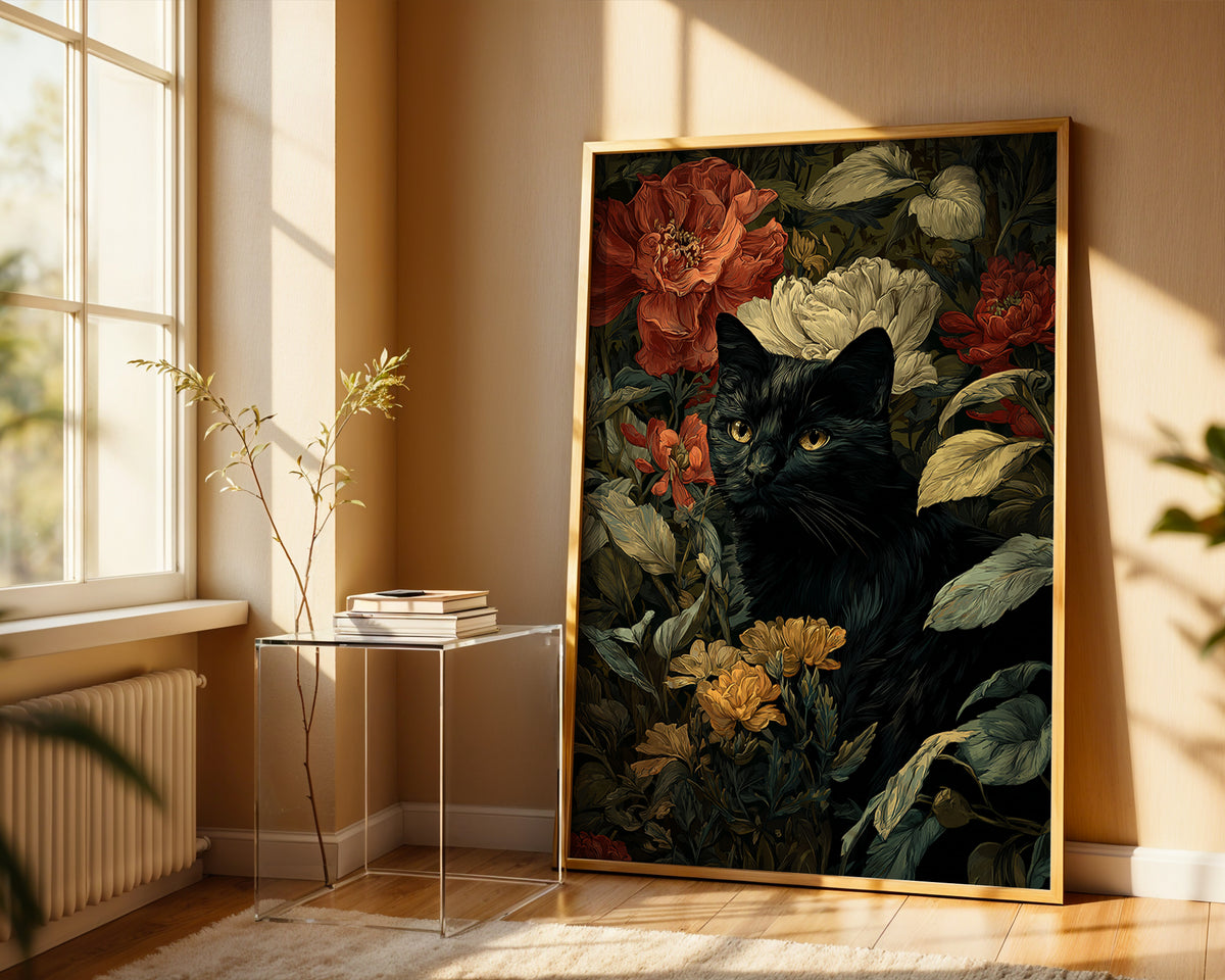 William Morris–Style Black Cat Among Florals - Just Great Posters