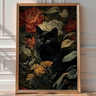 William Morris–Style Black Cat Among Florals - Just Great Posters