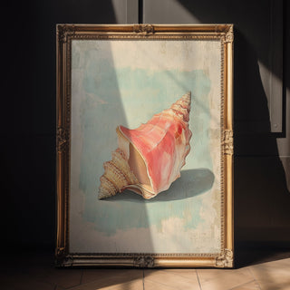 Framed artwork of a shell on a textured background

