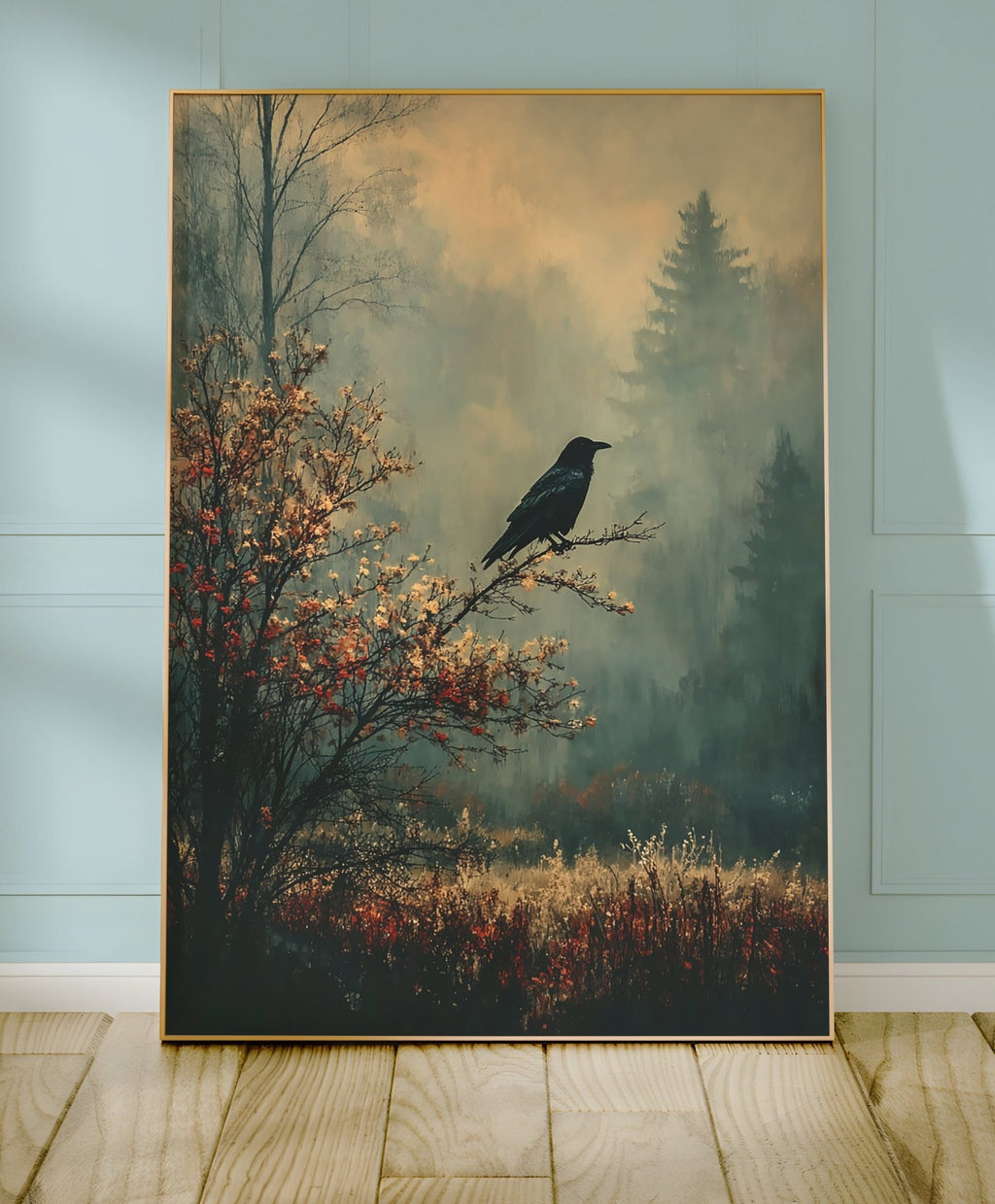Raven in the Mist Print – Witchy Autumn Wall Art with Moody Forest Vibes - Just Great Posters