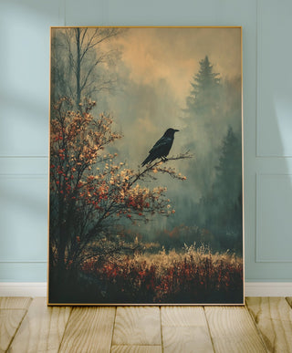 Raven in the Mist Print – Witchy Autumn Wall Art with Moody Forest Vibes - Just Great Posters