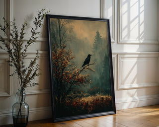 Raven in the Mist Print – Witchy Autumn Wall Art with Moody Forest Vibes - Just Great Posters