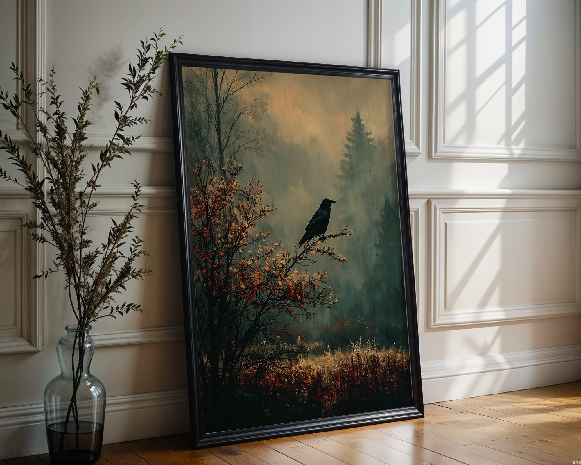 Raven in the Mist Print – Witchy Autumn Wall Art with Moody Forest Vibes - Just Great Posters