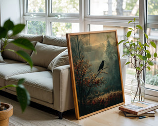 Raven in the Mist Print – Witchy Autumn Wall Art with Moody Forest Vibes - Just Great Posters