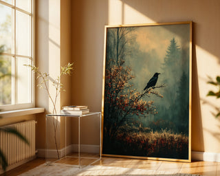 Raven in the Mist Print – Witchy Autumn Wall Art with Moody Forest Vibes - Just Great Posters