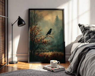 Raven in the Mist Print – Witchy Autumn Wall Art with Moody Forest Vibes - Just Great Posters