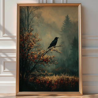 Raven in the Mist Print – Witchy Autumn Wall Art with Moody Forest Vibes - Just Great Posters